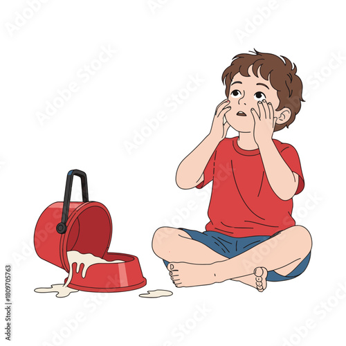 Boy with spilled milk looks up in surprise or realization