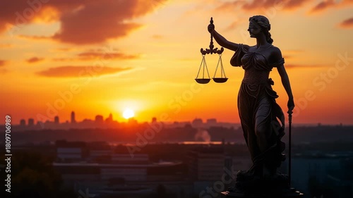 Silhouette of Lady Justice holding scales against a glowing sunset over a distant modern city skyline