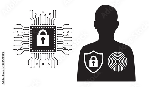  Human silhouette with digital security icons representing data protection and cybersecurity silhouette