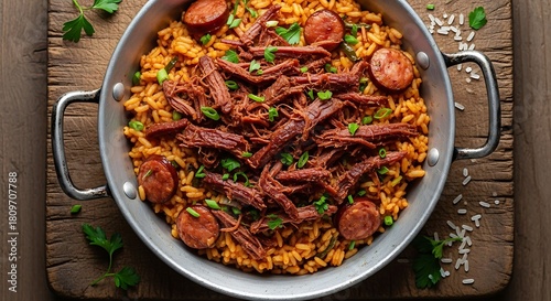 Overhead flat lay of Arroz Carreteiro in a metal pan. Rustic composition focus on shredded meat.