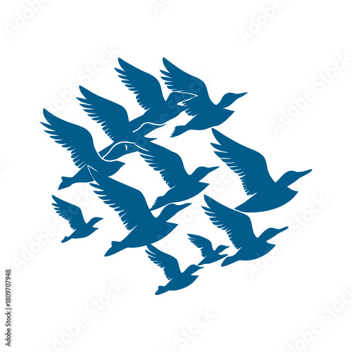 A flock of blue birds flying together in formation silhouette isolated on white background isolated on transparent background