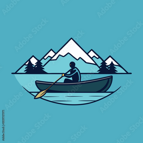 Person paddling a canoe on a calm lake with snowy mountains and trees silhouette isolated on white background isolated on transparent background