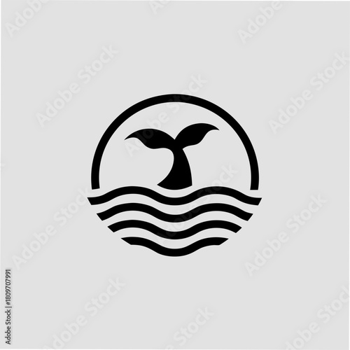 Black silhouette of a whale tail emerging from stylized ocean waves inside a circle isolated on white background isolated on transparent background