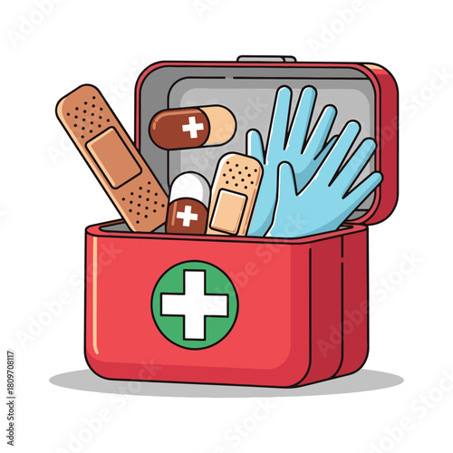 First aid kit full of supplies for medical emergencies and injuries