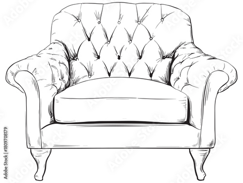 Classic Tufted Armchair Vector Line Art Illustration