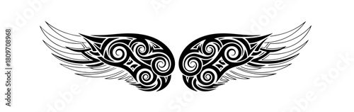 A symmetrical black tribal tattoo design features a pair of widespread wings detailed with intricate Celtic spirals and sweeping feathers isolated on a white background