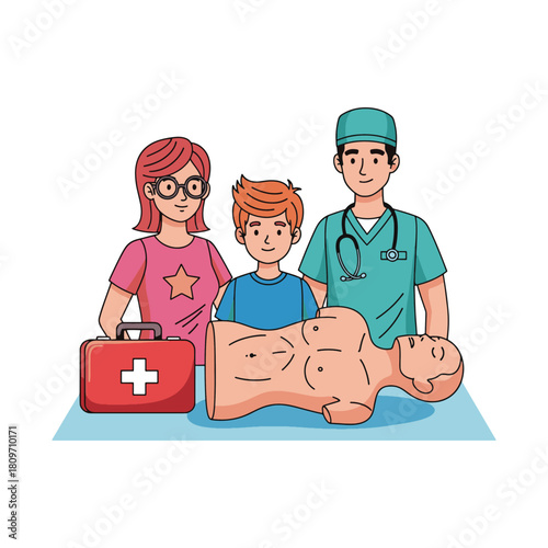 CPR Training Class with Family and Doctor Learning Life Saving Skills