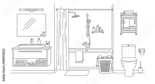A detailed line art illustration of a modern bathroom interior with a shower sink toilet and various accessories.