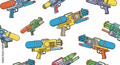 A fun and colorful seamless pattern of various water guns and squirt toys for summer pool parties and outdoor games.
