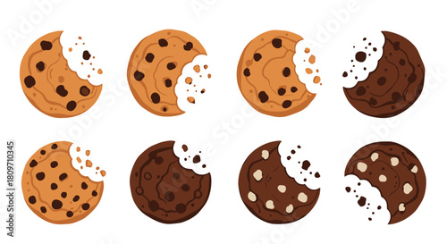 A tasty set of whole and bitten chocolate chip cookies in different styles including classic and double chocolate flavors.