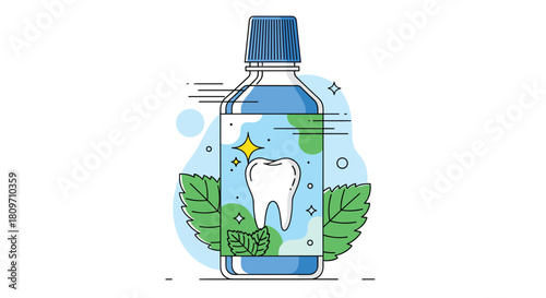 A bottle of refreshing blue mouthwash with mint leaves and a sparkling tooth icon for dental care and oral hygiene.