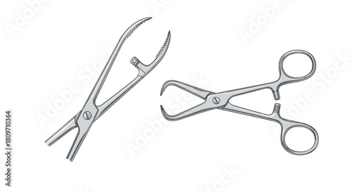 A realistic illustration of two types of surgical forceps or clamps used in medical procedures on a white background.