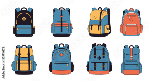 A set of eight colorful and stylish travel or school backpacks in various designs isolated on a white background.