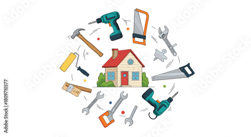 A concept illustration for home renovation and repair with a house surrounded by a circle of various construction tools.
