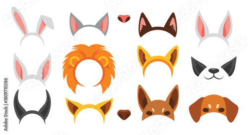 A fun collection of animal ears and noses photo booth props or filters including rabbit cat dog and lion designs.