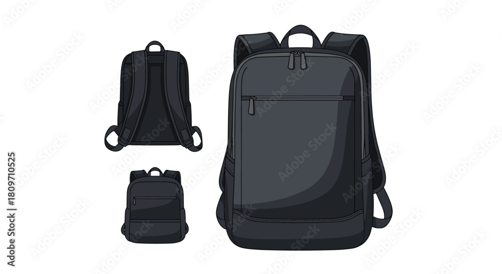 Fototapeta premium A modern black backpack shown in multiple views including front back and a smaller size on a white background.
