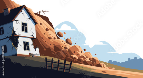 A dramatic illustration of a destructive landslide or mudslide causing a house to collapse on a steep hillside.