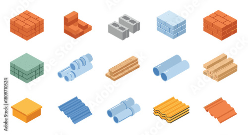 An isometric set of various construction and building materials including bricks blocks pipes and lumber on a white background.
