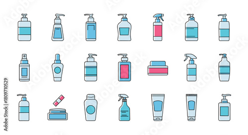 A large set of cosmetic bottles and containers for beauty products in a simple line icon style on white background.