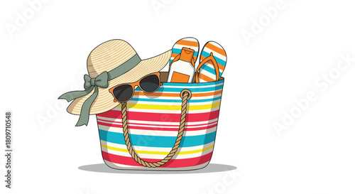 A colorful striped beach bag filled with summer essentials like a sun hat sunglasses and sunscreen on white background.