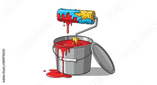 A paint roller with red blue and yellow paint dripping into an open metal paint can creating a colorful mixture.