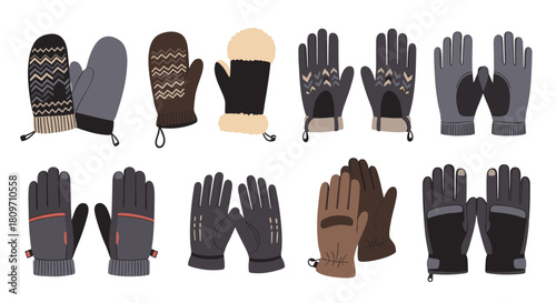 A collection of various pairs of warm winter gloves and mittens in different styles and materials for cold weather.