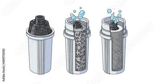 An illustration showing the cross-section and inner workings of a water filter cartridge with activated carbon layers.