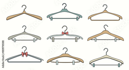 A stylish set of nine different clothes hangers including wooden and colored designs for fashion and wardrobe organization.