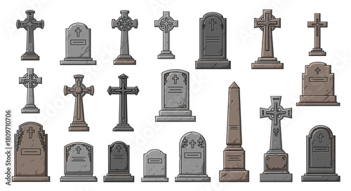 A large collection of various old stone gravestones and crosses for a cemetery or Halloween scene on white background.