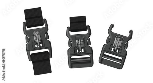 A set of three black plastic side release buckles for straps shown in locked and unlocked positions on white background.