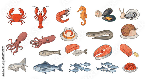 A diverse and colorful collection of cartoon seafood including various fish shellfish and other marine animals on white.