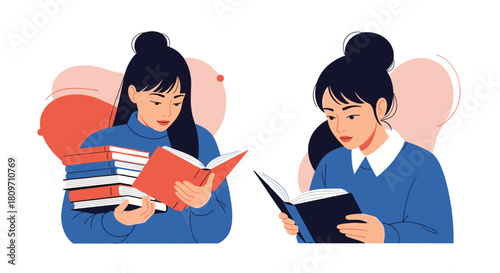 Two illustrations of a young woman with dark hair in a bun engrossed in reading books one holding a large stack.