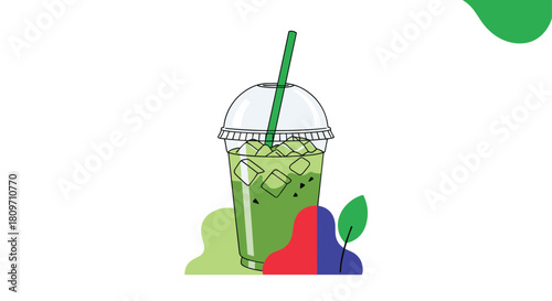 A cool and refreshing glass of iced matcha green tea with a straw presented in a modern flat design style illustration.