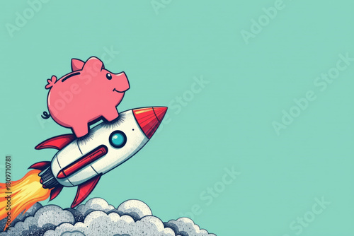Piggy bank on rocket symbolizes business growth and financial success with rising investment and savings concept