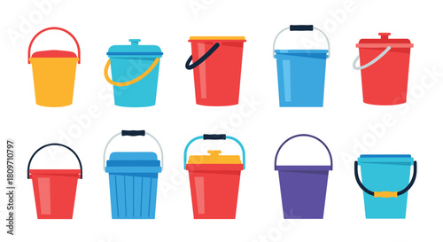 A colorful collection of various plastic and metal buckets with handles and lids in different shapes and sizes for cleaning gardening or carrying items.