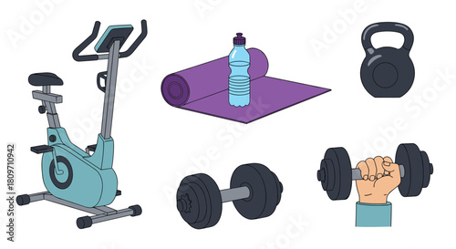 A collection of essential home gym and fitness equipment including a stationary bike yoga mat water bottle kettlebell and a set of heavy dumbbells.