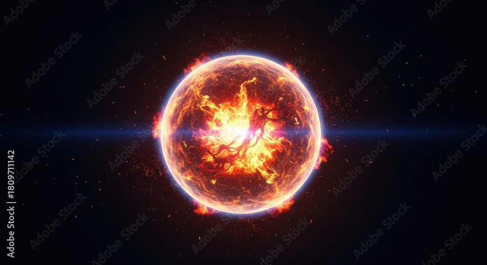 Obraz premium Bright Fiery Globe with Sparks and Energy Waves in Cosmic Space Background