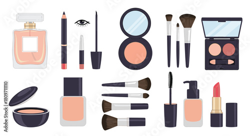 A complete collection of various makeup products and cosmetic tools including foundation lipstick eyeshadow mascara brushes perfume and nail polish.