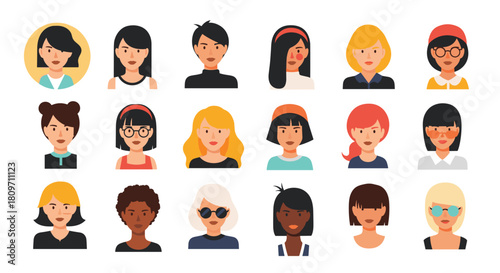 A large and diverse collection of eighteen female avatars showcasing different ethnicities hairstyles and accessories for user profiles or icons.