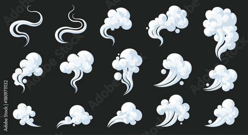 A versatile collection of cartoon smoke steam and wind effects in various shapes and styles for comics animation or design on a dark background.