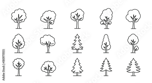 A minimalist collection of fifteen different tree icons in a simple black line art style including various deciduous and coniferous tree shapes.