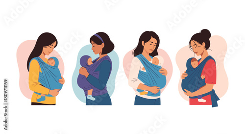 A heartwarming collection of four diverse mothers tenderly carrying their newborn babies in comfortable and secure fabric wrap baby slings.
