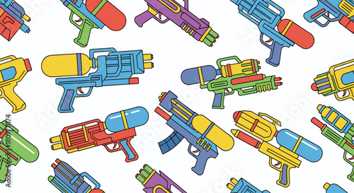 A fun and colorful seamless pattern background of various toy water guns and soakers in a playful line art style for summer party themes.