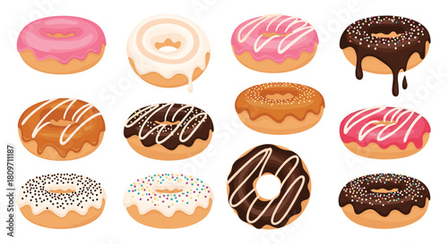 A delicious assortment of twelve sweet donuts with a variety of colorful glazes chocolate drips and festive sprinkles perfect for a bakery menu.