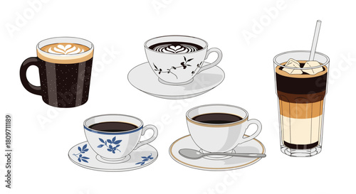 A delicious assortment of five different coffee drinks including an iced coffee a latte with art and classic black coffee in various cups and mugs.