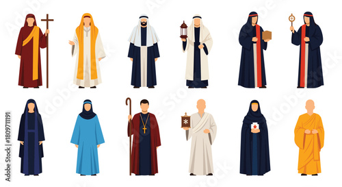 A diverse collection of religious figures from various world faiths including Christian priests Buddhist monks and Islamic imams in traditional robes.