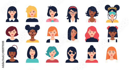 A large and diverse set of eighteen female avatars with different hairstyles clothing and ethnicities perfect for profile pictures or user icons.