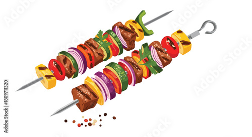 Two delicious and colorful grilled meat and vegetable skewers also known as shish kebabs with pepper onion and tomato isolated on white.