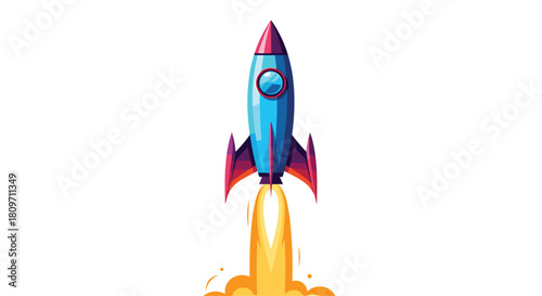 A vibrant cartoon rocket ship blasting off into space with bright orange flames and smoke trailing from its boosters on a white background.