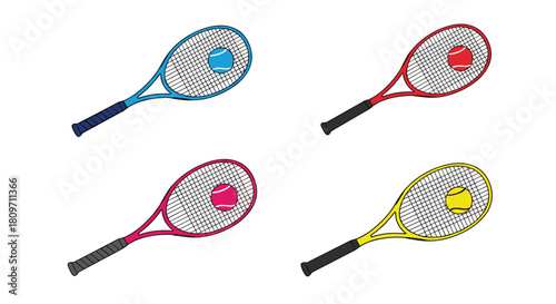 A colorful set of four tennis rackets in blue red pink and yellow each with a matching tennis ball ready for a sports match or practice.